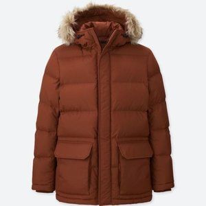Uniqlo Men's Sz. Small Down Winter Jacket W/ Faux Fur Trim Burnt Orange